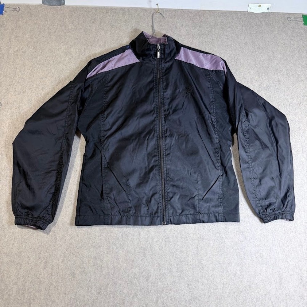 New Balance Windbreaker Jacket Womens L Black Purple Nylon Full Zip Sporty Y2K
